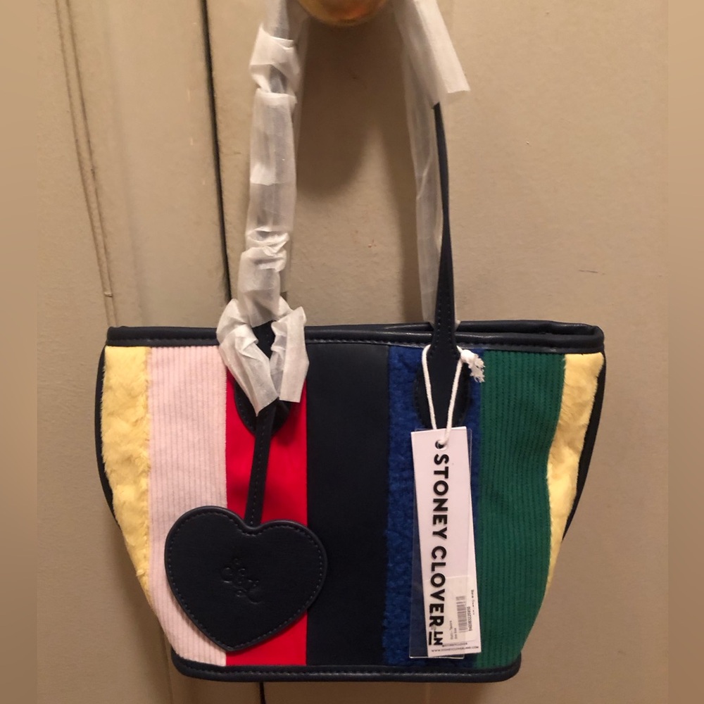 NWT Adorable 🥰 Stoney Clover Lane Navy, Red, Green, Yellow & Pink Stripe Tote